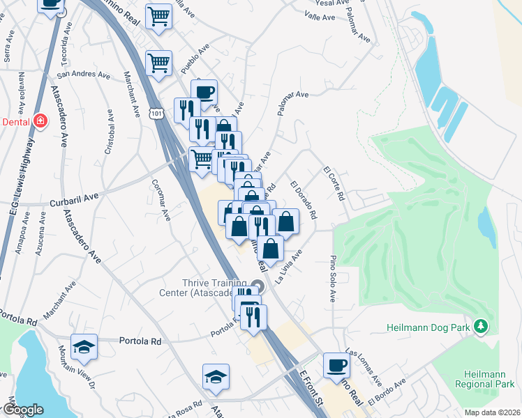 map of restaurants, bars, coffee shops, grocery stores, and more near 9011 Cascada Road in Atascadero