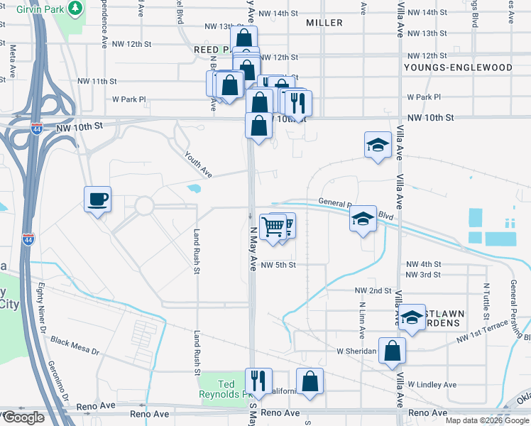 map of restaurants, bars, coffee shops, grocery stores, and more near 500-598 N May Ave in Oklahoma City
