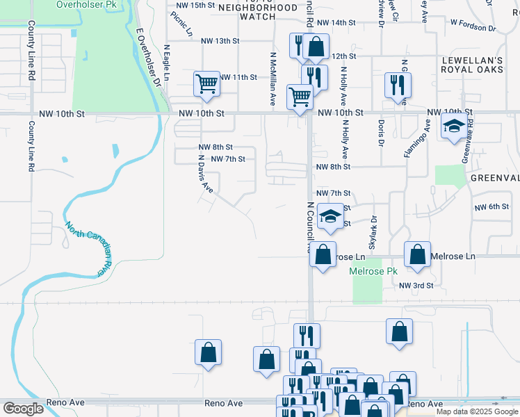 map of restaurants, bars, coffee shops, grocery stores, and more near 516 North Davis Avenue in Oklahoma City