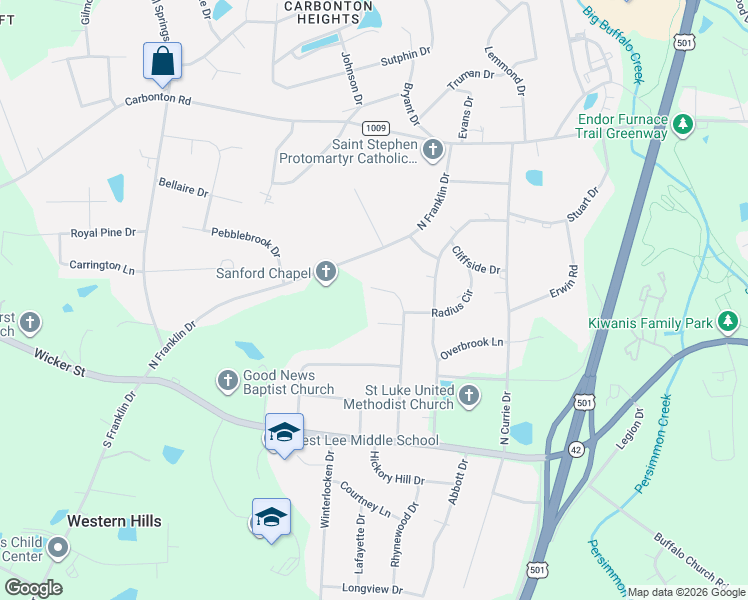 map of restaurants, bars, coffee shops, grocery stores, and more near 2512 Castleton Drive in Sanford