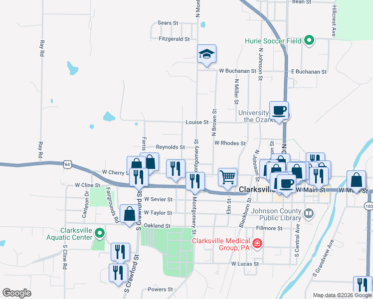 map of restaurants, bars, coffee shops, grocery stores, and more near 305 North Montgomery Street in Clarksville