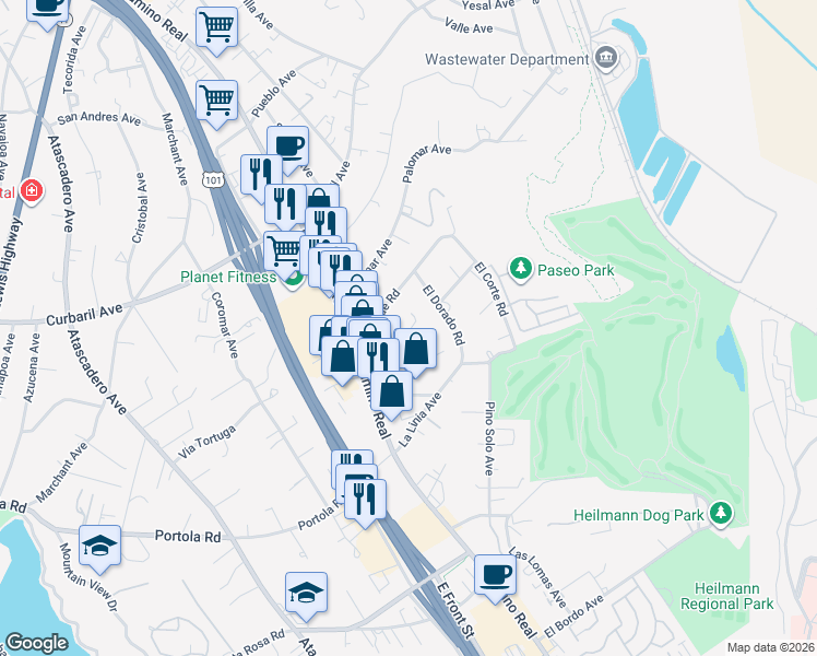 map of restaurants, bars, coffee shops, grocery stores, and more near 9011 Cascada Road in Atascadero