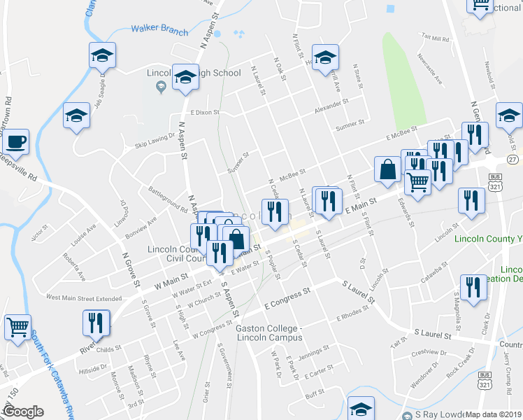 map of restaurants, bars, coffee shops, grocery stores, and more near 313 East Pine Street in Lincolnton