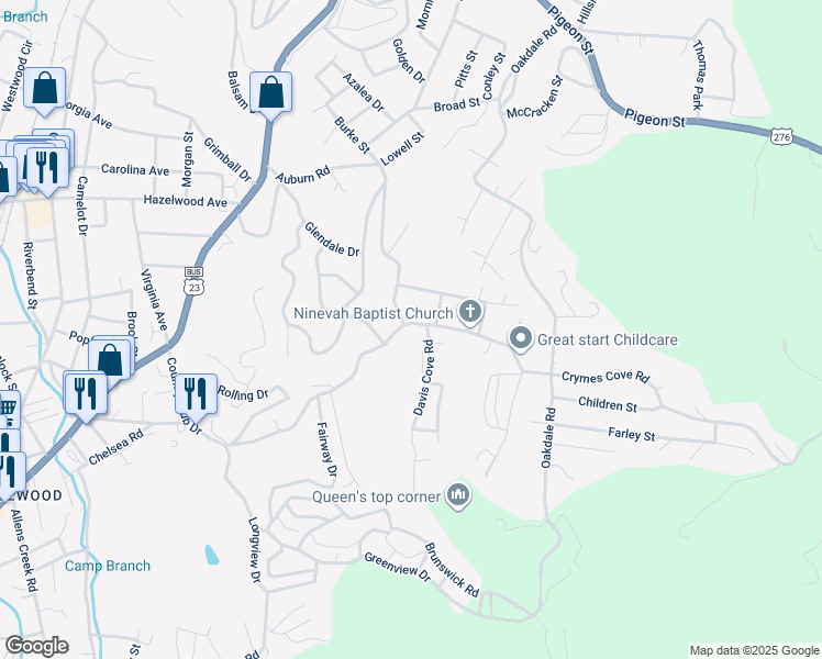 map of restaurants, bars, coffee shops, grocery stores, and more near 802 Country Club Drive in Waynesville