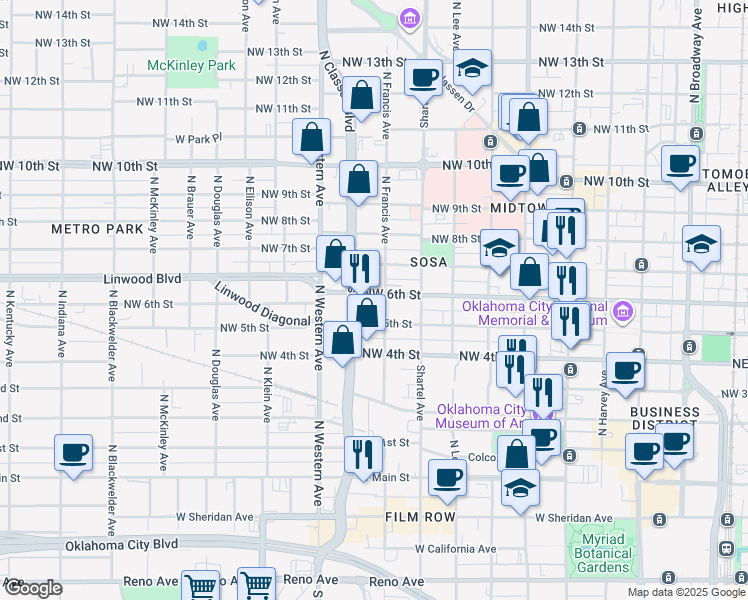 map of restaurants, bars, coffee shops, grocery stores, and more near 821 Northwest 5th Street in Oklahoma City