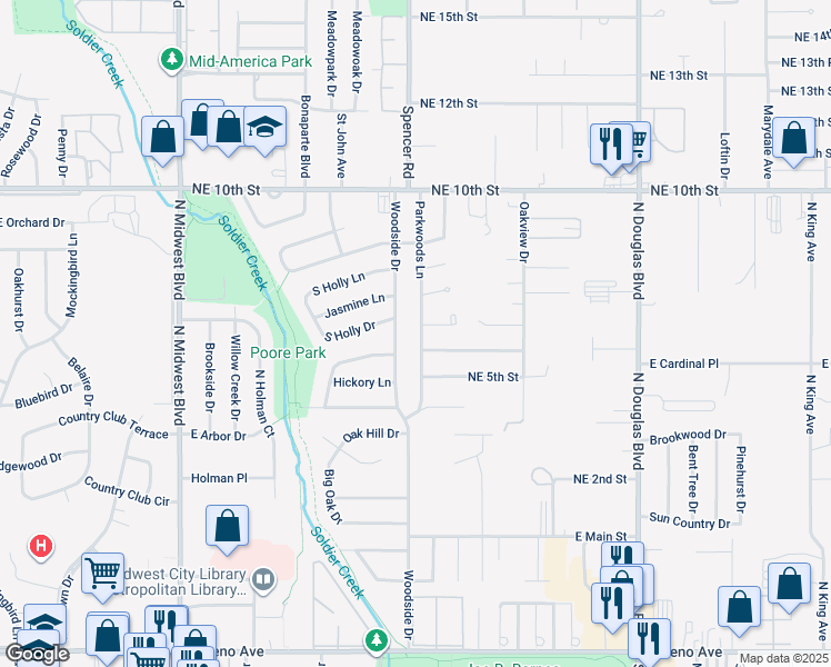 map of restaurants, bars, coffee shops, grocery stores, and more near 3613 Parkwoods Lane in Midwest City