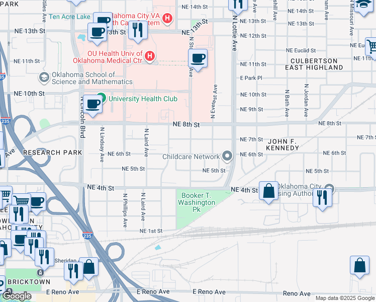 map of restaurants, bars, coffee shops, grocery stores, and more near 1029 Northeast 6th Street in Oklahoma City