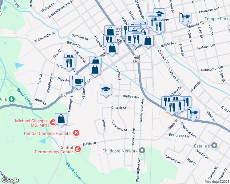 map of restaurants, bars, coffee shops, grocery stores, and more near 806 South Vance Street in Sanford