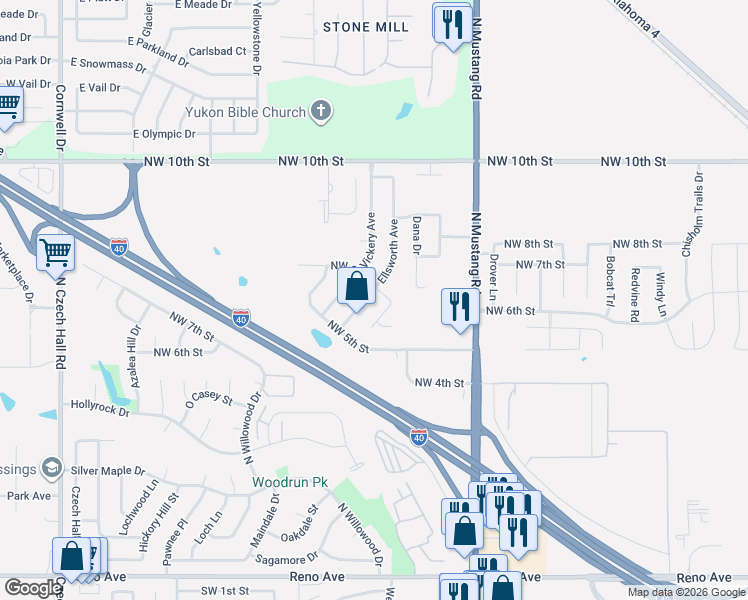 map of restaurants, bars, coffee shops, grocery stores, and more near 616 Ellsworth Avenue in Yukon