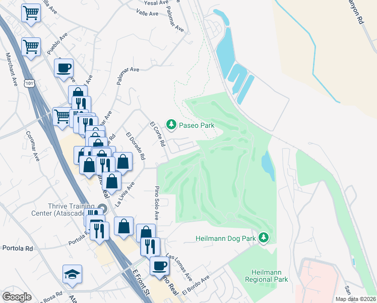 map of restaurants, bars, coffee shops, grocery stores, and more near 8640 Paseo De Caballo in Atascadero
