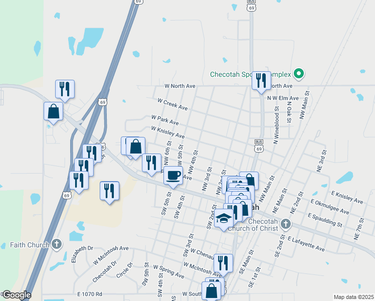 map of restaurants, bars, coffee shops, grocery stores, and more near 713 West Okmulgee Avenue in Checotah