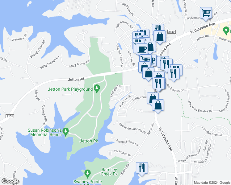 map of restaurants, bars, coffee shops, grocery stores, and more near 19027 Natalie Michelle Lane in Cornelius