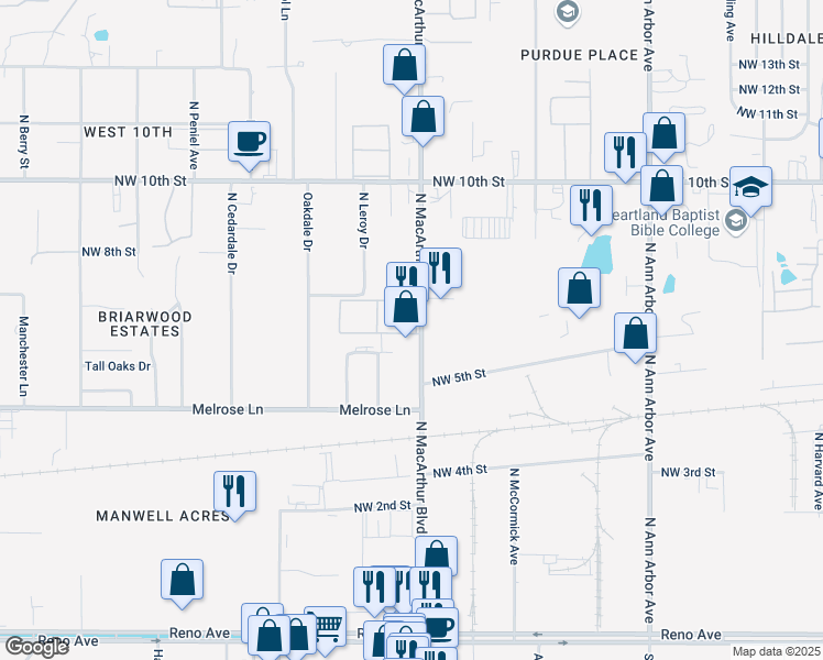 map of restaurants, bars, coffee shops, grocery stores, and more near 5933 Northwest 5th Street in Oklahoma City