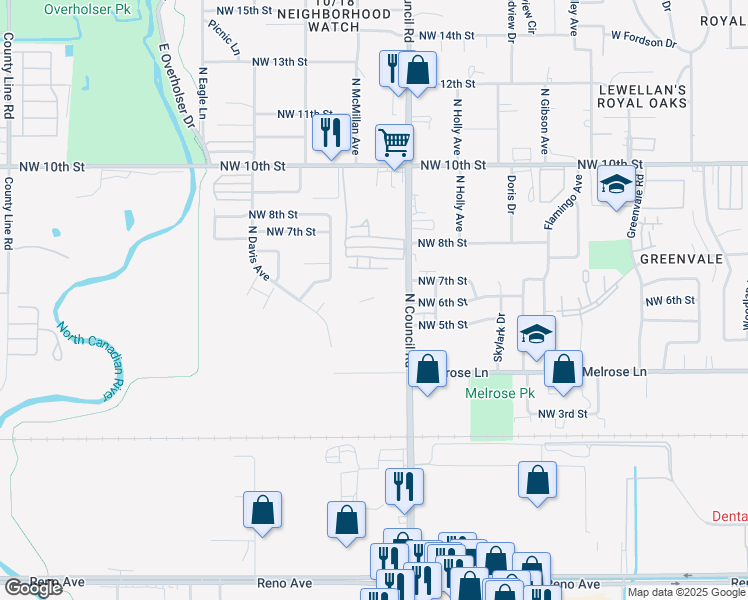 map of restaurants, bars, coffee shops, grocery stores, and more near 521 North Council Road in Oklahoma City