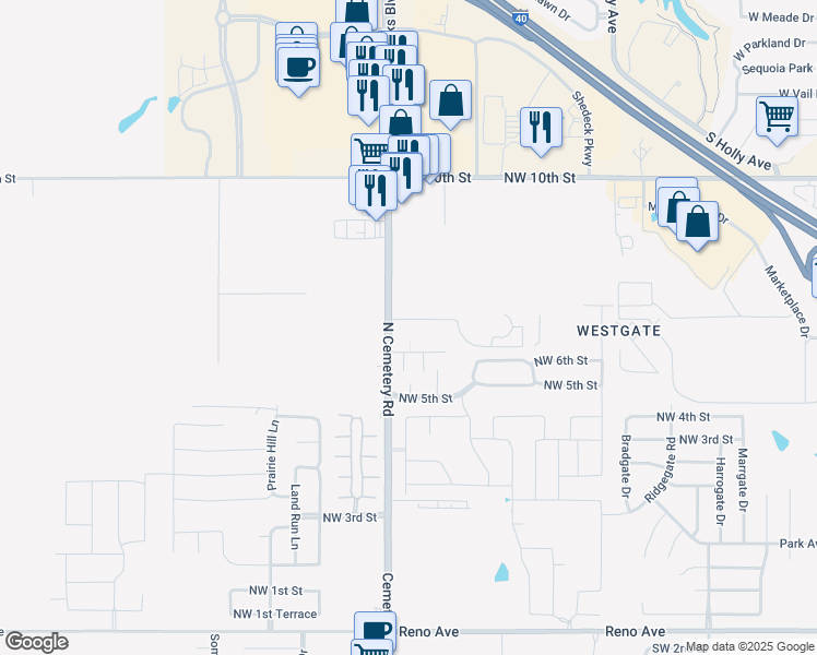 map of restaurants, bars, coffee shops, grocery stores, and more near 620 North Cemetery Road in Yukon
