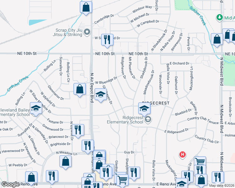 map of restaurants, bars, coffee shops, grocery stores, and more near 3320 North Ridgewood Drive in Midwest City