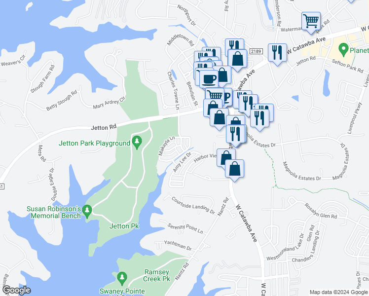 map of restaurants, bars, coffee shops, grocery stores, and more near 19210 Lake Norman Cove Drive in Cornelius