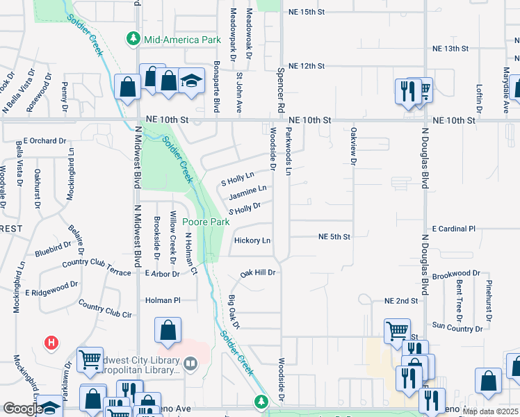 map of restaurants, bars, coffee shops, grocery stores, and more near 1032 South Holly Drive in Midwest City