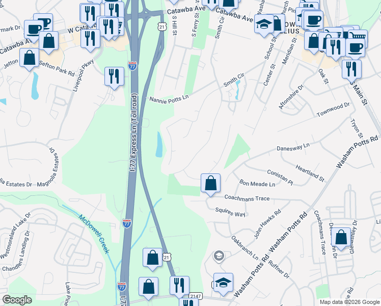 map of restaurants, bars, coffee shops, grocery stores, and more near 20133 Floral Lane in Cornelius