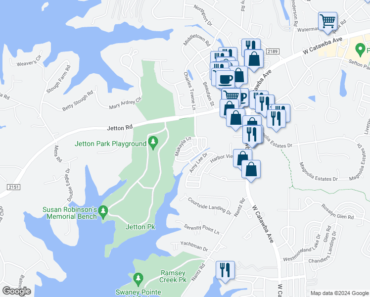 map of restaurants, bars, coffee shops, grocery stores, and more near 19035 Natalie Michelle Lane in Cornelius