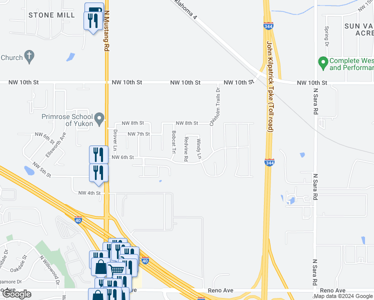 map of restaurants, bars, coffee shops, grocery stores, and more near 716 Redvine Road in Yukon