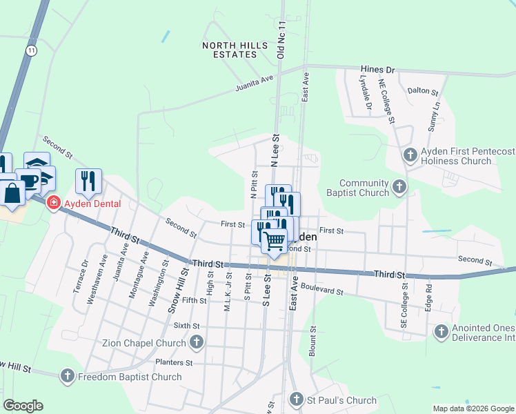 map of restaurants, bars, coffee shops, grocery stores, and more near 4196 South Lee Street in Ayden