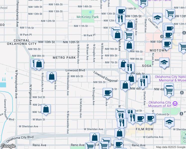 map of restaurants, bars, coffee shops, grocery stores, and more near 615 North Douglas Avenue in Oklahoma City