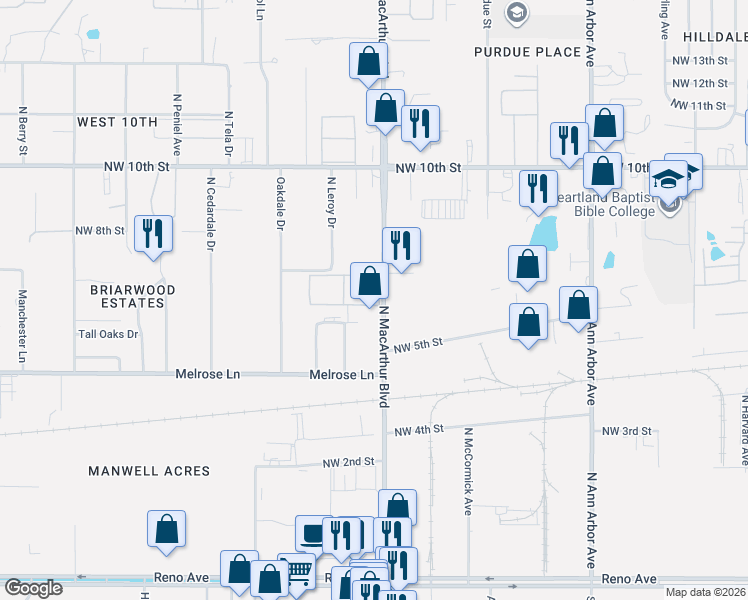 map of restaurants, bars, coffee shops, grocery stores, and more near 727 North Macarthur Boulevard in Oklahoma City