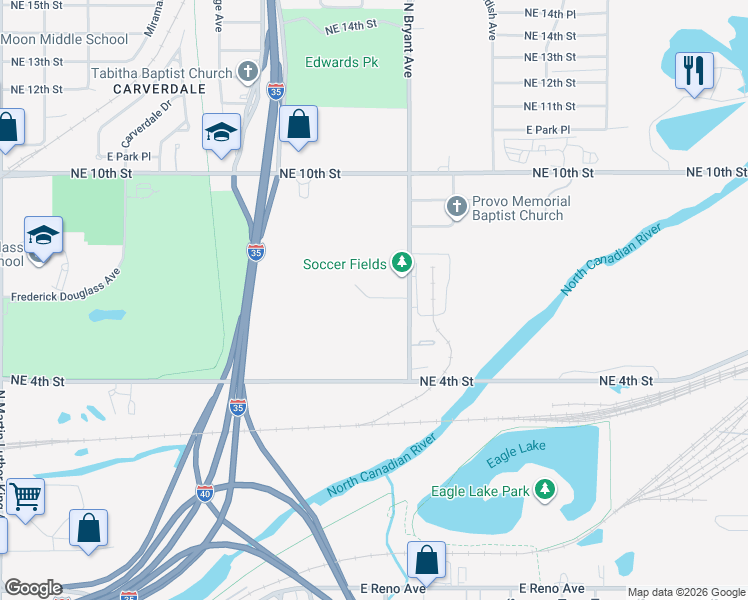 map of restaurants, bars, coffee shops, grocery stores, and more near 173-753 North Bryant Avenue in Oklahoma City