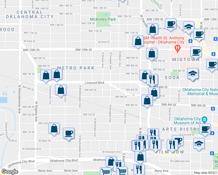 map of restaurants, bars, coffee shops, grocery stores, and more near 615 North Douglas Avenue in Oklahoma City