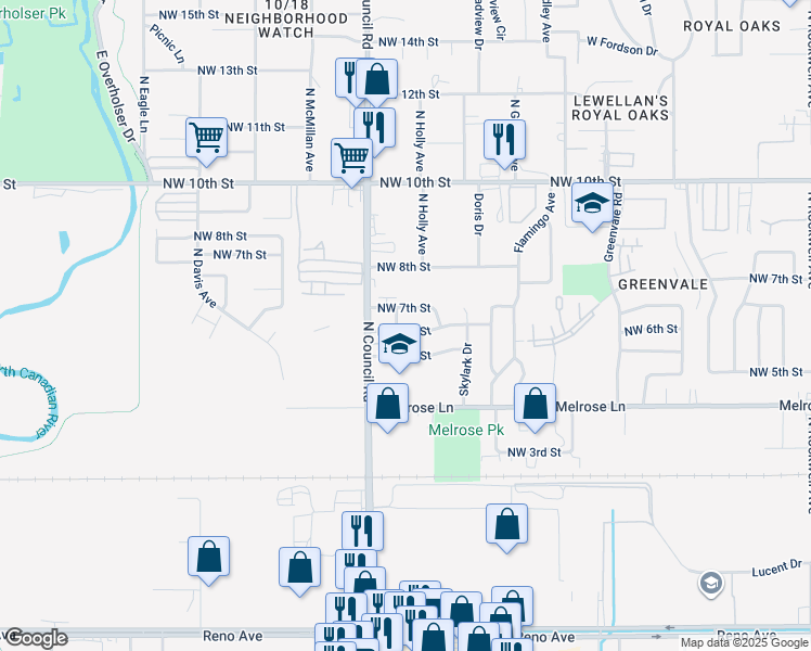 map of restaurants, bars, coffee shops, grocery stores, and more near 7821 Northwest 5th Street in Oklahoma City