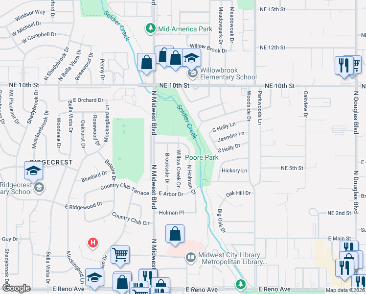 map of restaurants, bars, coffee shops, grocery stores, and more near 3500 Willow Creek Drive in Midwest City