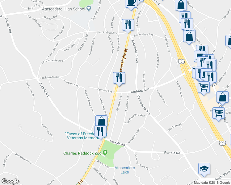 map of restaurants, bars, coffee shops, grocery stores, and more near Morro Road & Curbaril Avenue in Atascadero