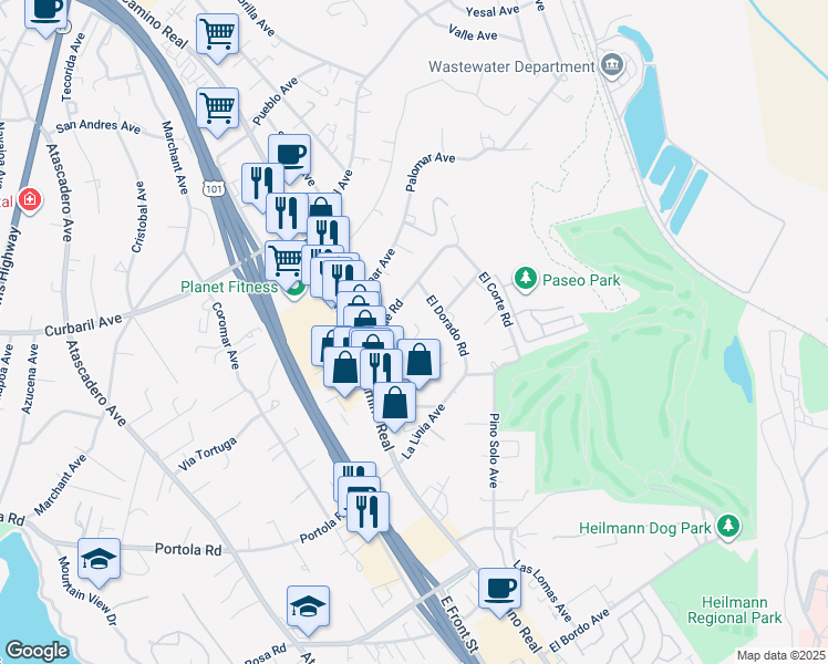 map of restaurants, bars, coffee shops, grocery stores, and more near 9017 Cascada Road in Atascadero