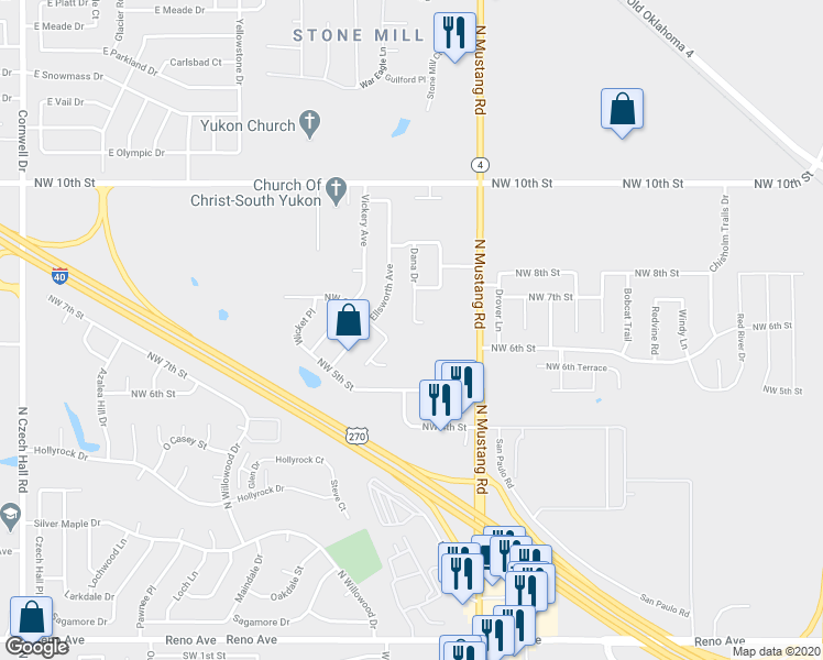 map of restaurants, bars, coffee shops, grocery stores, and more near 713 Dana Drive in Yukon