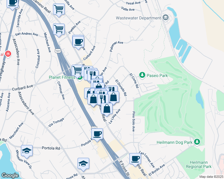 map of restaurants, bars, coffee shops, grocery stores, and more near 9017 Cascada Road in Atascadero