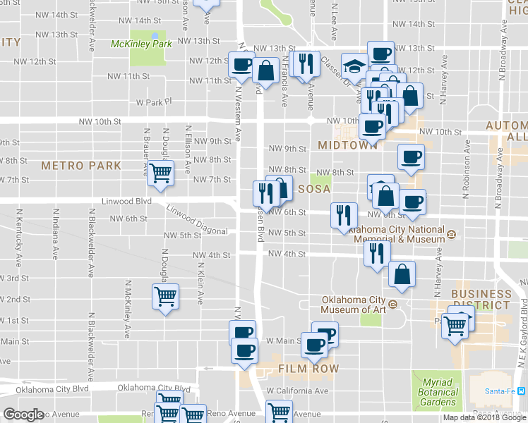 map of restaurants, bars, coffee shops, grocery stores, and more near 968 Northwest 6th Street in Oklahoma City