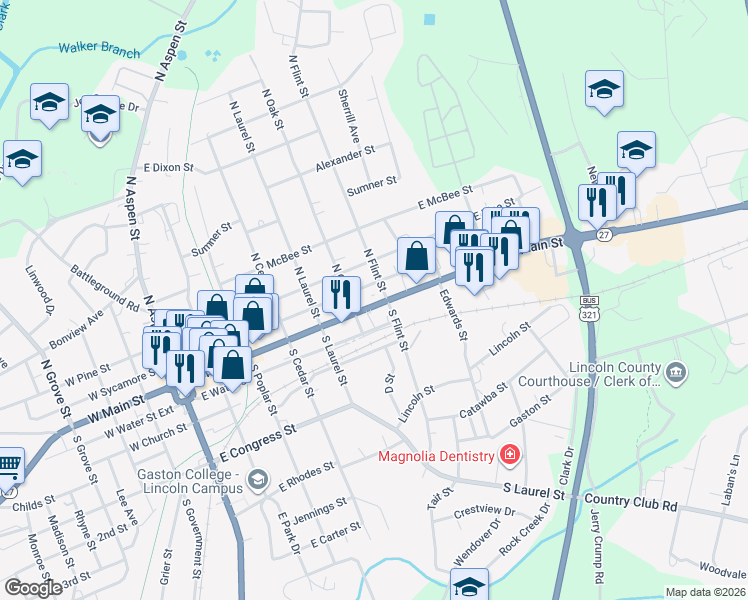 map of restaurants, bars, coffee shops, grocery stores, and more near 619 East Sycamore Street in Lincolnton