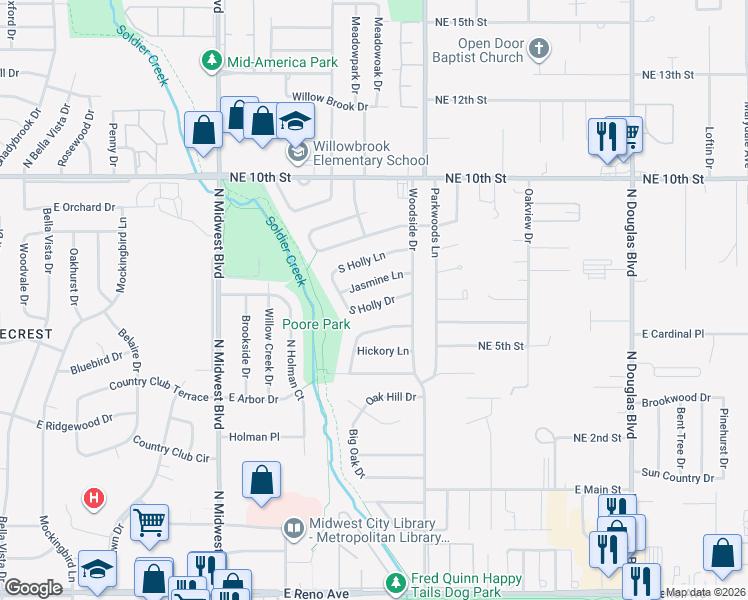map of restaurants, bars, coffee shops, grocery stores, and more near 1032 Jasmine Lane in Midwest City