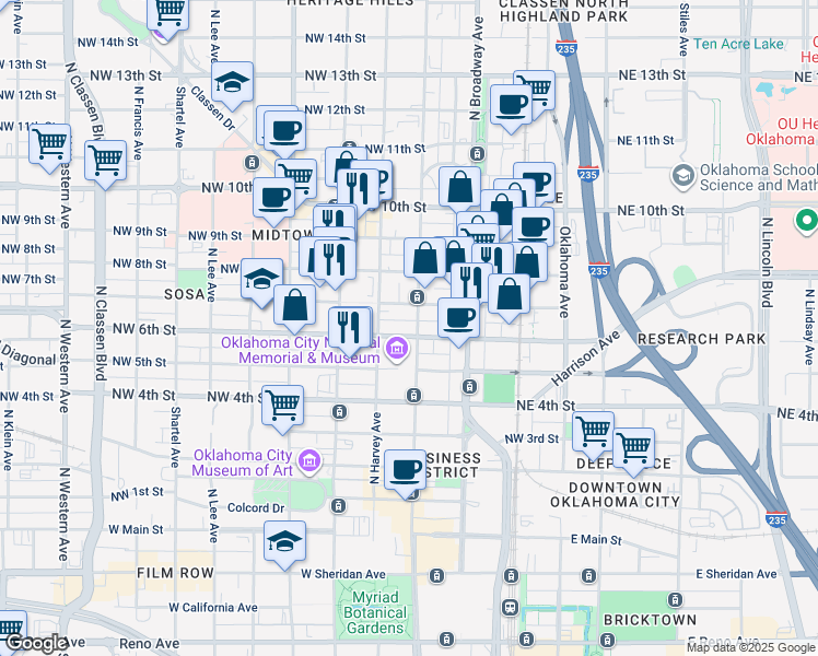 map of restaurants, bars, coffee shops, grocery stores, and more near 707 North Robinson Avenue in Oklahoma City