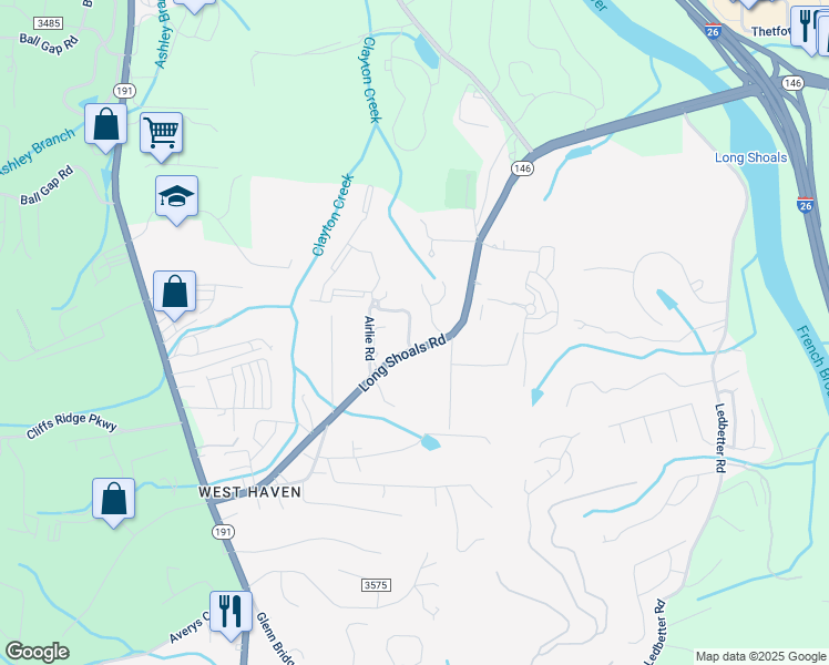 map of restaurants, bars, coffee shops, grocery stores, and more near 556 Long Shoals Road in Arden
