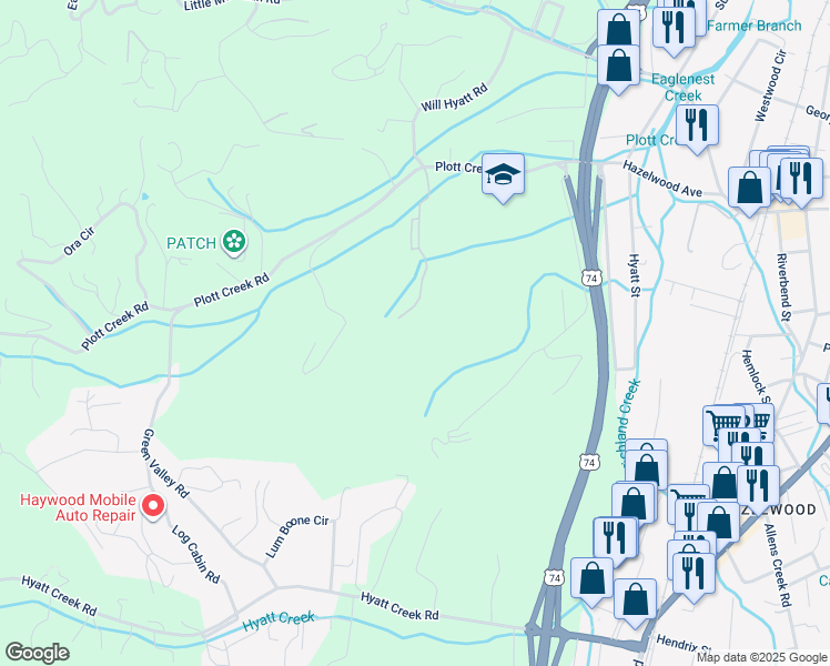 map of restaurants, bars, coffee shops, grocery stores, and more near 257 Stone Haven Drive in Waynesville