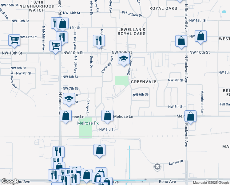 map of restaurants, bars, coffee shops, grocery stores, and more near 7611 Northwest 6th Street in Oklahoma City