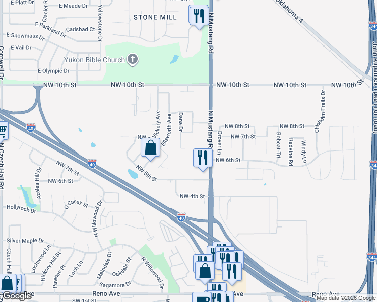 map of restaurants, bars, coffee shops, grocery stores, and more near 701 Dana Drive in Yukon