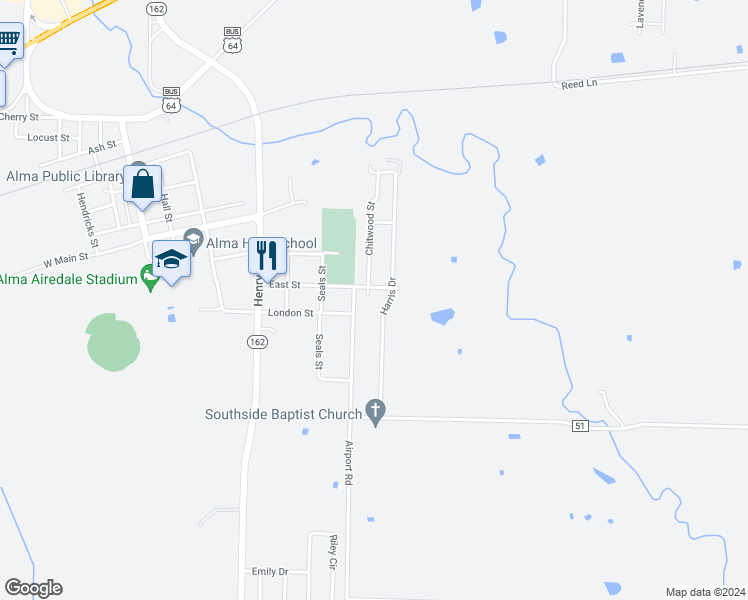 map of restaurants, bars, coffee shops, grocery stores, and more near 1115 Chitwood Street in Alma