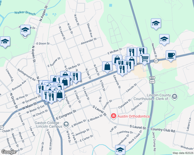 map of restaurants, bars, coffee shops, grocery stores, and more near 619 East Sycamore Street in Lincolnton