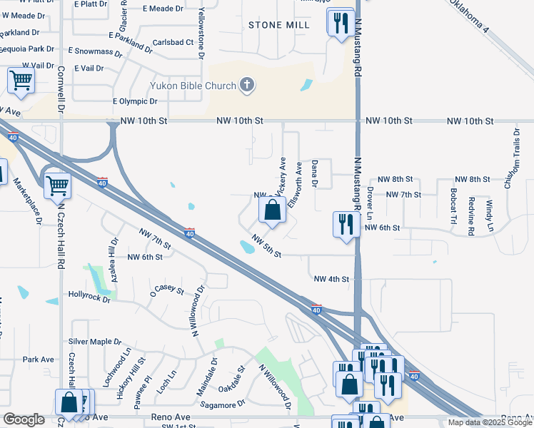 map of restaurants, bars, coffee shops, grocery stores, and more near 700 Vickery Avenue in Yukon