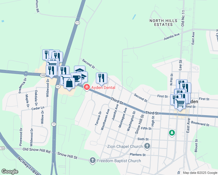 map of restaurants, bars, coffee shops, grocery stores, and more near 245 Second Street in Ayden