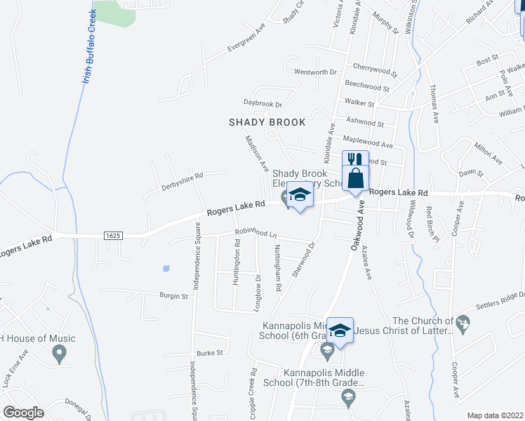 map of restaurants, bars, coffee shops, grocery stores, and more near 1101 Rogers Lake Road in Kannapolis