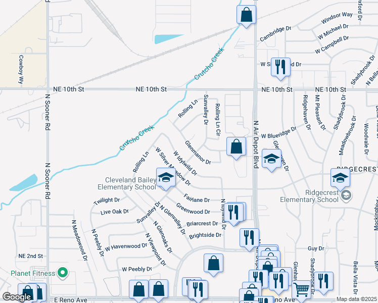 map of restaurants, bars, coffee shops, grocery stores, and more near 3604 Glenmanor Circle in Midwest City